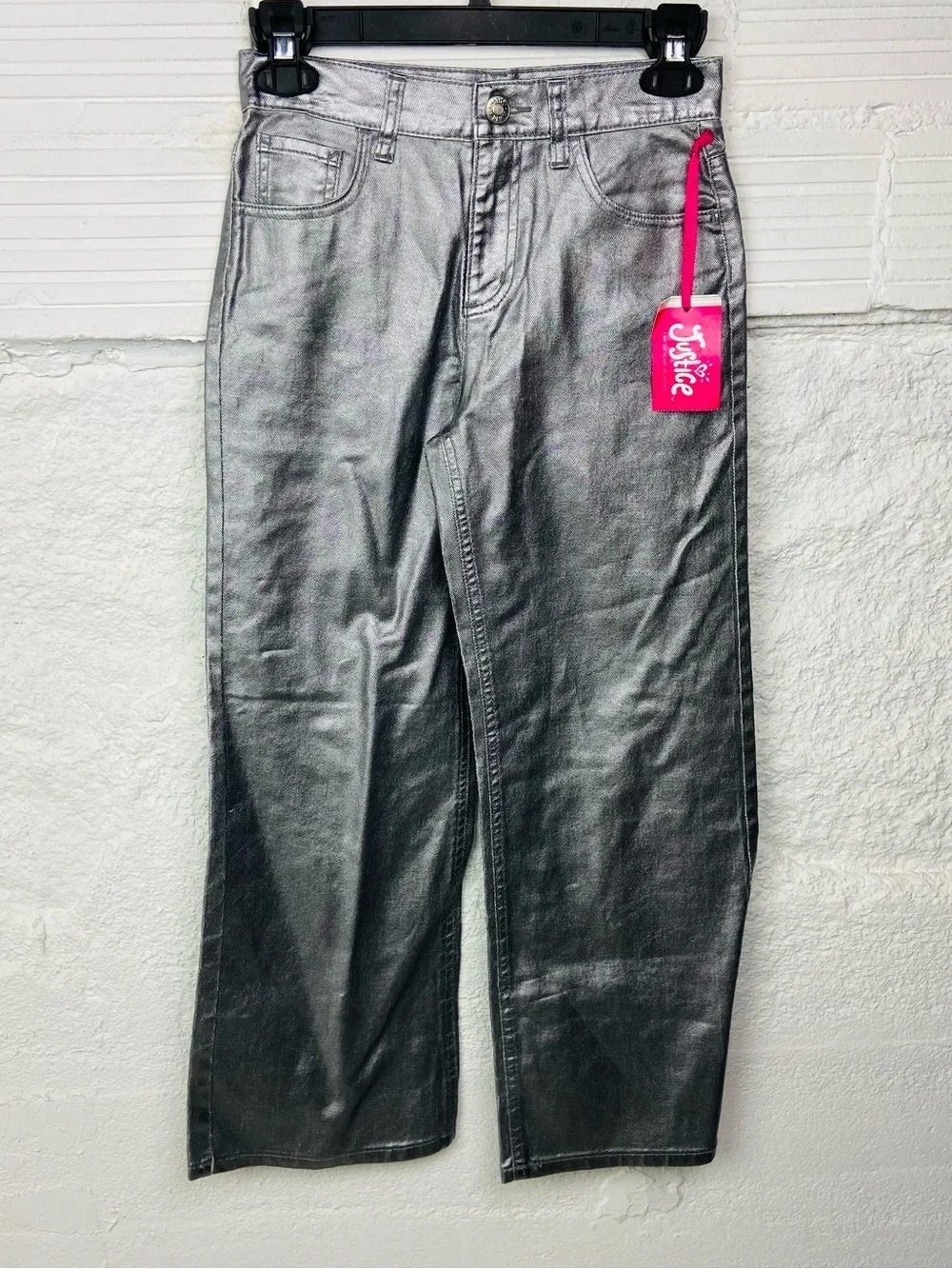 NWT Justice Metallic Silver wide-Leg denim stretch Pants size 10